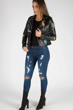 Rebellious Fashion Black Faux Leather Floral Embroidered Biker Jacket - Amelie