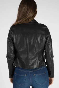Rebellious Fashion Black Faux Leather Floral Embroidered Biker Jacket - Amelie