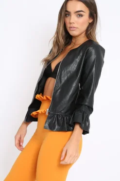 Rebellious Fashion Black Faux Leather Frill Hem Jacket - Cherrie