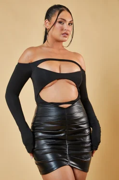Rebellious Fashion Black Faux Leather Front Ruched Mini Skirt - Alora