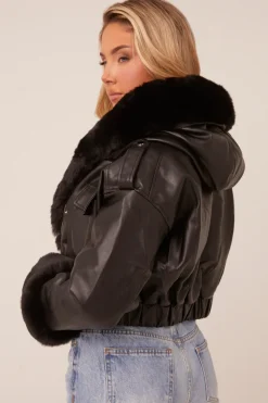 Rebellious Fashion Black Faux Leather Fur Lined Bomber Jacket - Larna