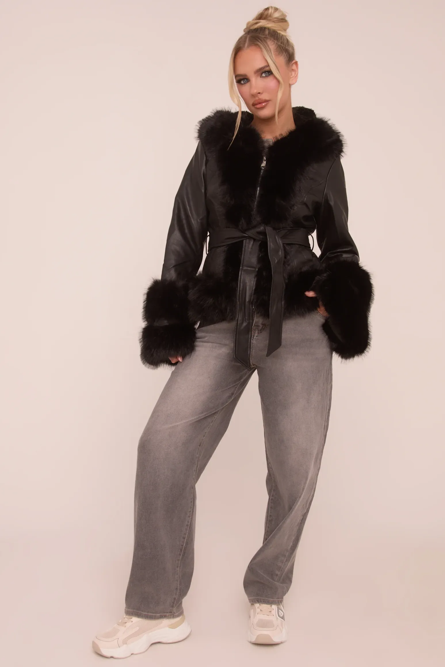 Rebellious Fashion Black Faux Leather Fur Trim Jacket - Casey