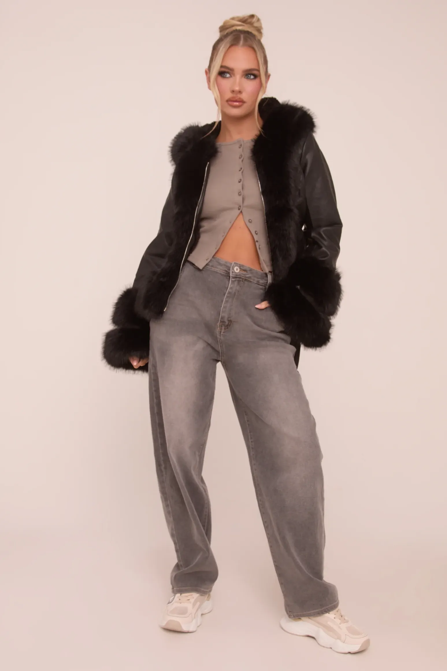 Rebellious Fashion Black Faux Leather Fur Trim Jacket - Casey