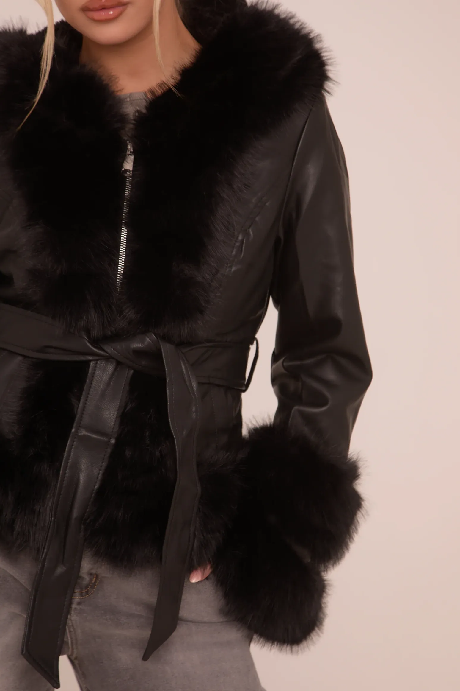 Rebellious Fashion Black Faux Leather Fur Trim Jacket - Casey