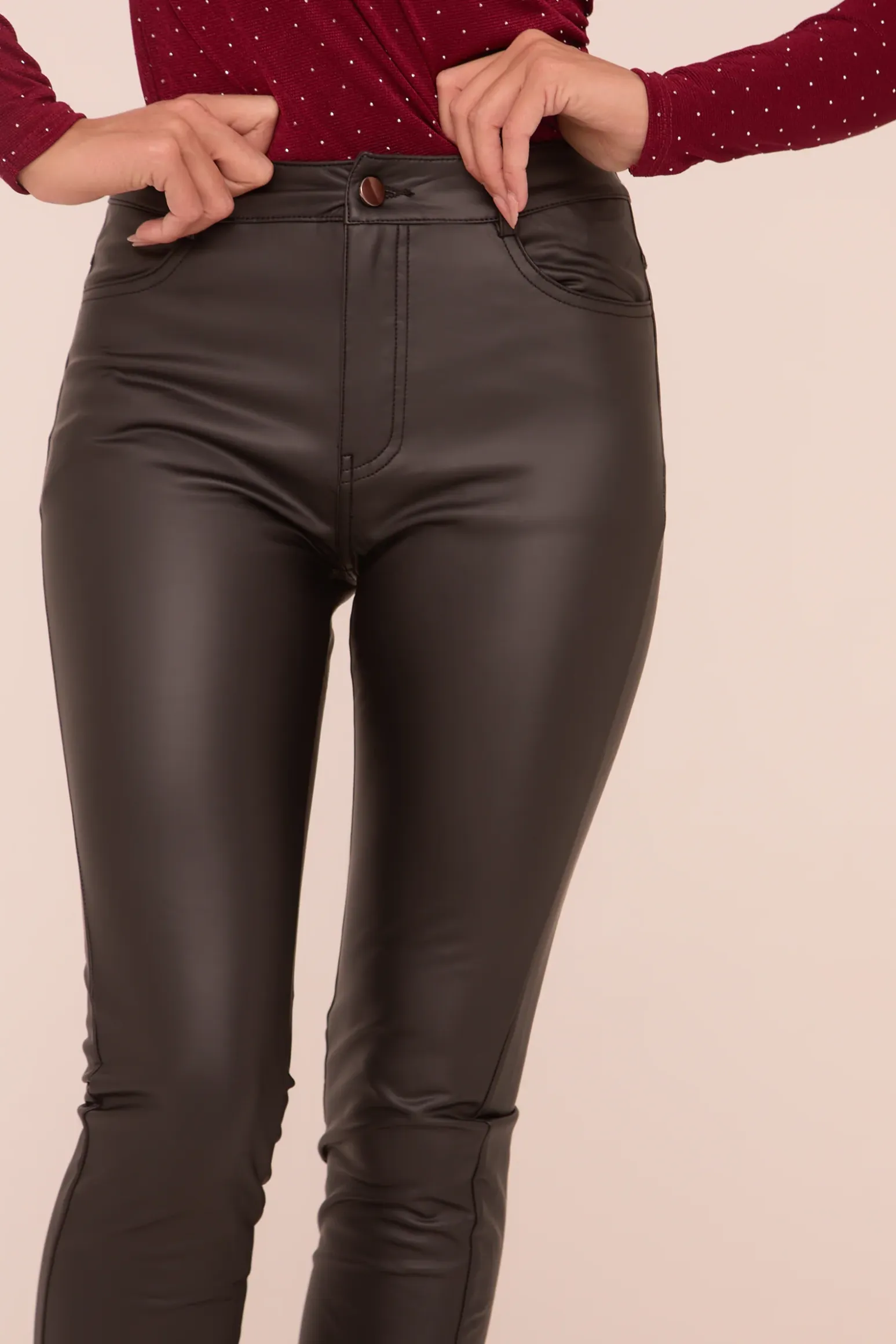 Rebellious Fashion Black Faux Leather High Waist Slim Leg Trousers - Peehu