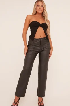 Rebellious Fashion Black Faux Leather High Waist Straight Leg Trousers - Diva