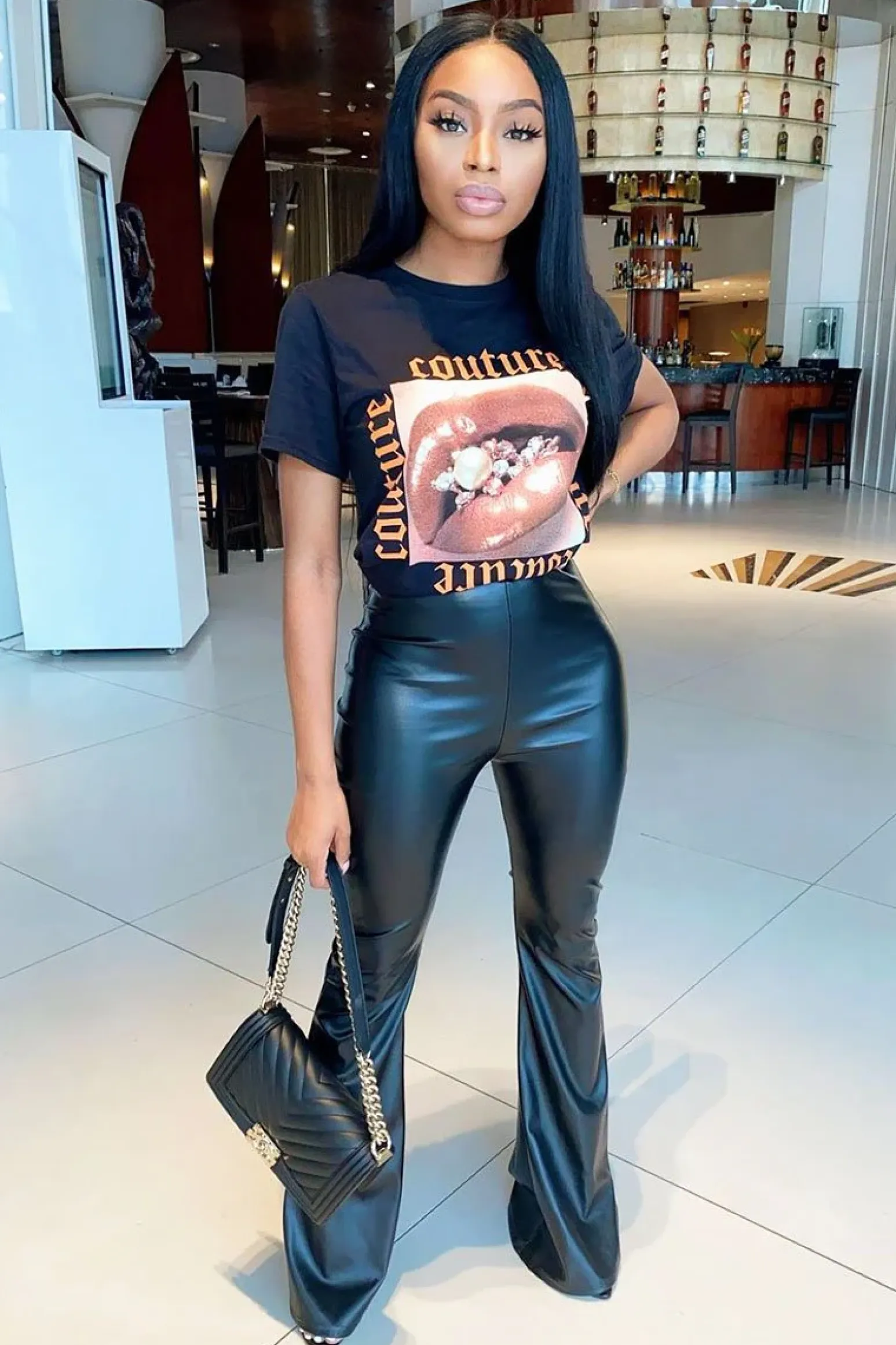 Rebellious Fashion Black Faux Leather High Waist Flared Trousers - Tori