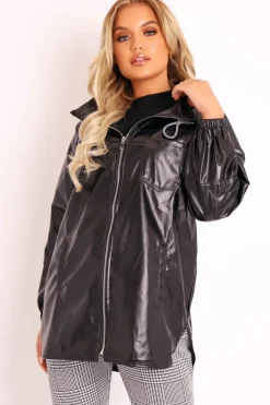 Rebellious Fashion Black Faux Leather Hooded Jacket - Cerena