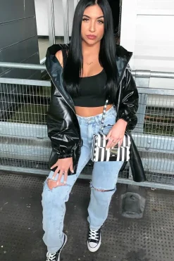 Rebellious Fashion Black Faux Leather Hooded Jacket - Cerena