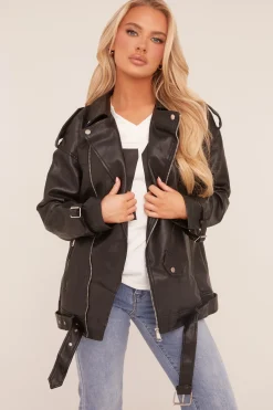 Rebellious Fashion Black Faux Leather Longline Biker Jacket - Billie