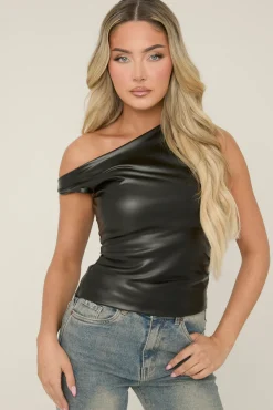 Rebellious Fashion Black Faux Leather Off shoulder Top- Lulu