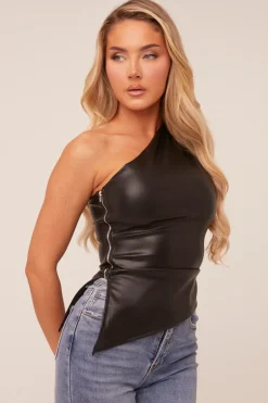 Rebellious Fashion Black Faux Leather One Shoulder Top - Candace