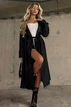 Rebellious Fashion Black Faux Leather Oversized Double Breasted Trench Coat- Xia