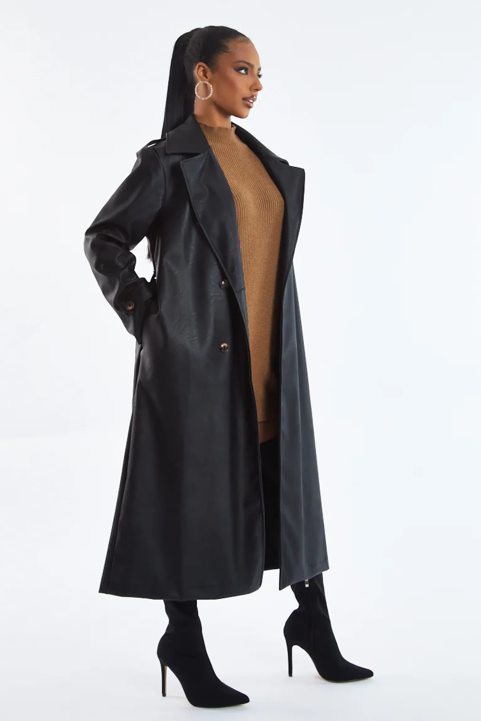 Rebellious Fashion Black Faux Leather Oversized Double Breasted Trench Coat- Xia