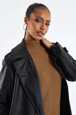 Rebellious Fashion Black Faux Leather Oversized Double Breasted Trench Coat- Xia