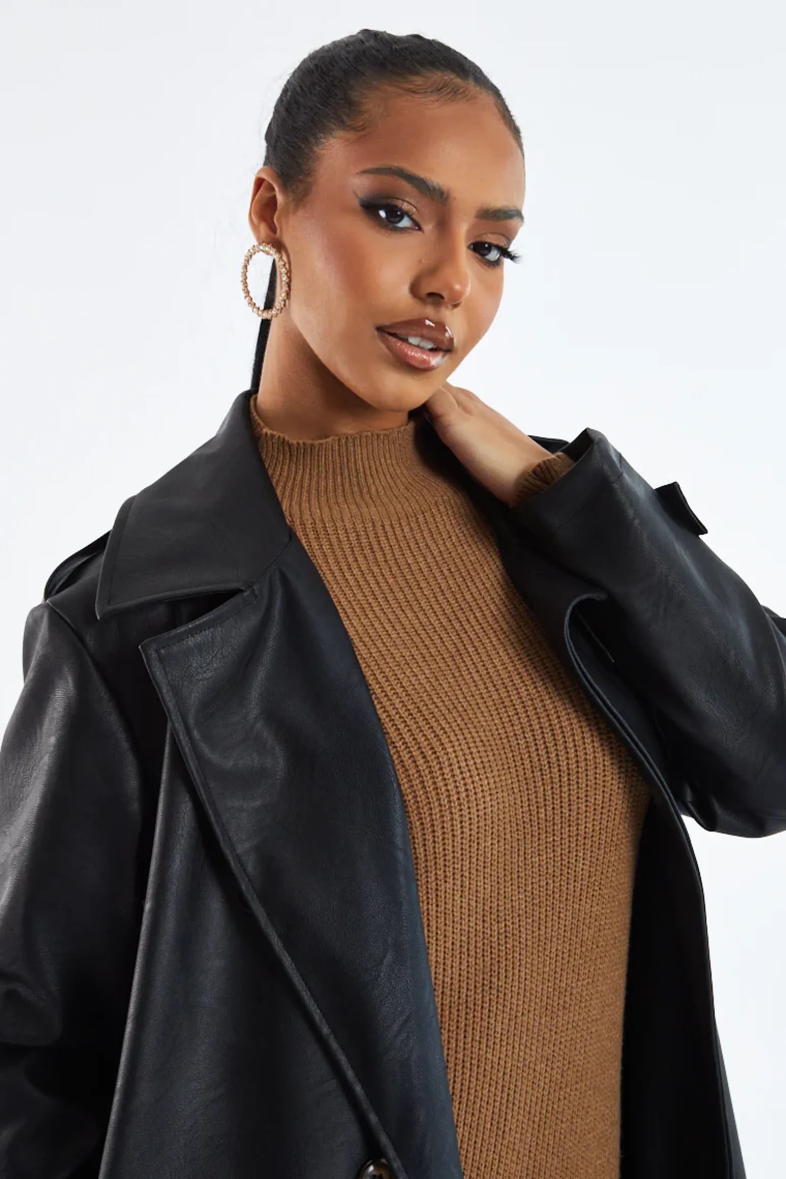 Rebellious Fashion Black Faux Leather Oversized Double Breasted Trench Coat- Xia