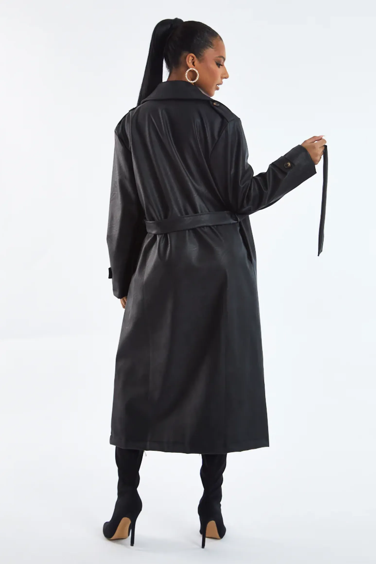 Rebellious Fashion Black Faux Leather Oversized Double Breasted Trench Coat- Xia