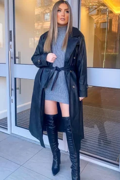 Rebellious Fashion Black Faux Leather Oversized Double Breasted Trench Coat- Xia
