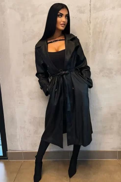 Rebellious Fashion Black Faux Leather Oversized Double Breasted Trench Coat- Xia