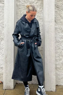 Rebellious Fashion Black Faux Leather Oversized Double Breasted Trench Coat- Xia