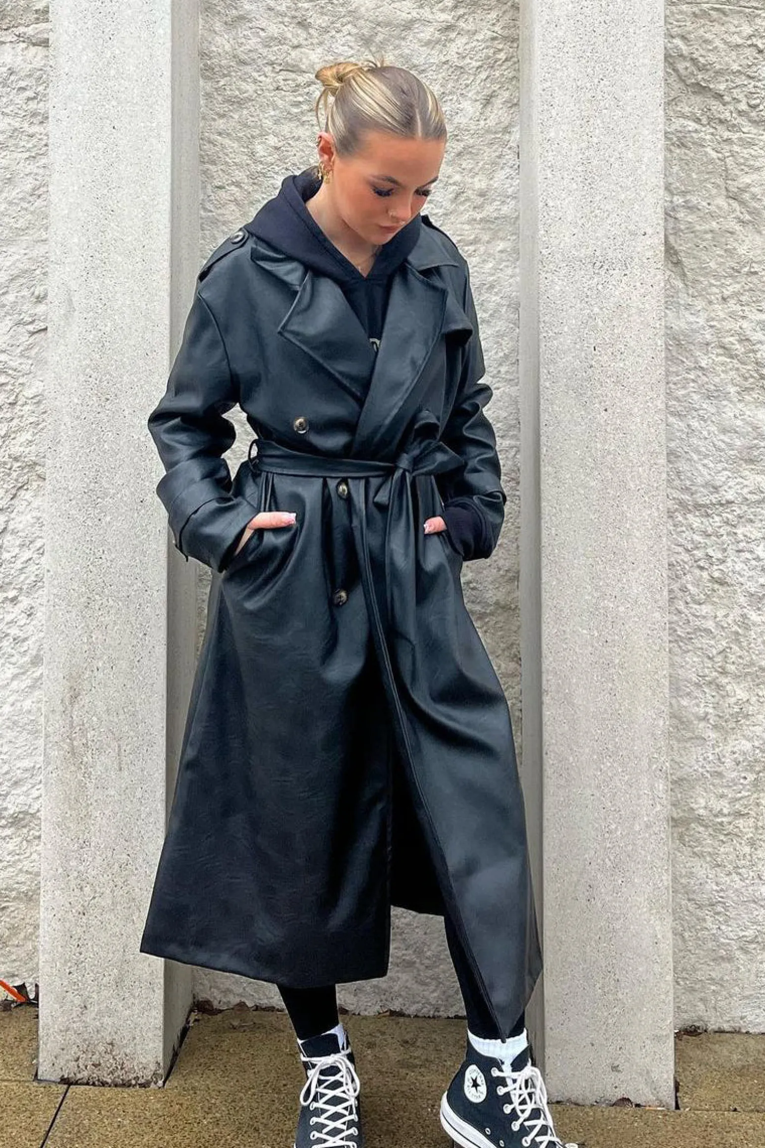 Rebellious Fashion Black Faux Leather Oversized Double Breasted Trench Coat- Xia