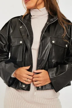 Rebellious Fashion Black Faux Leather Oversized Utility Jacket - Catori
