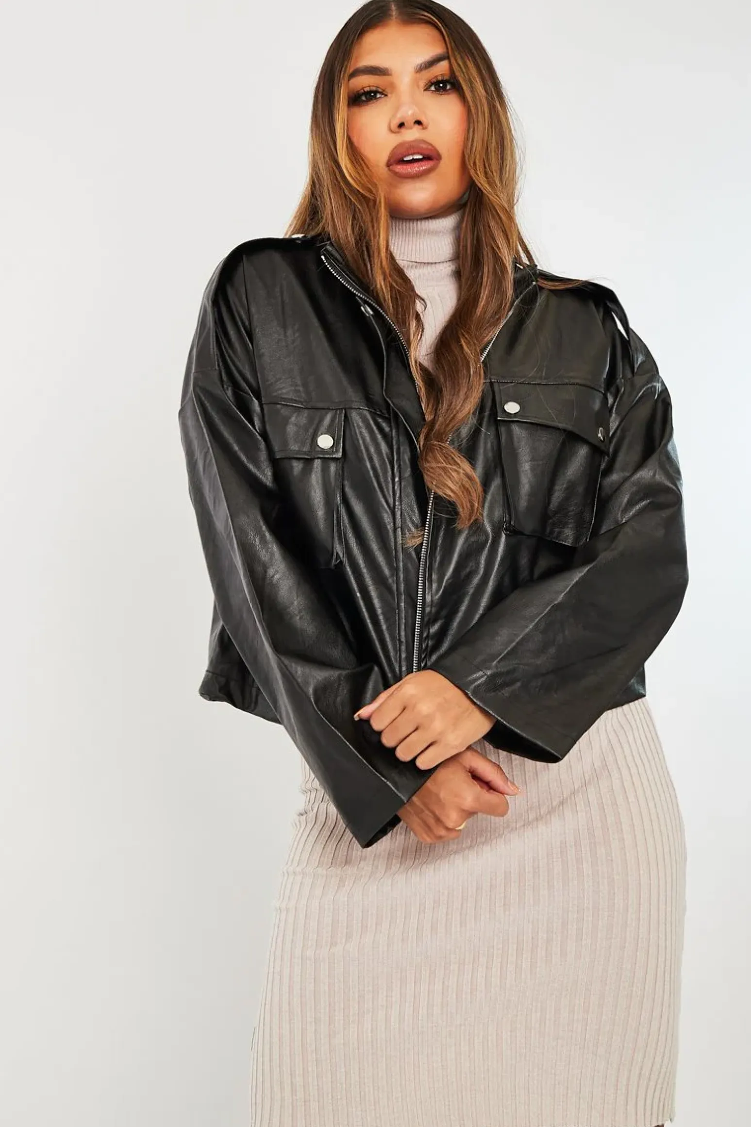 Rebellious Fashion Black Faux Leather Oversized Utility Jacket - Catori