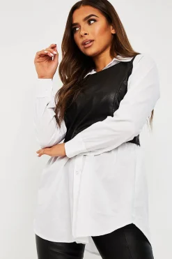 Rebellious Fashion Black Faux Leather Panel White Shirt - Leacy