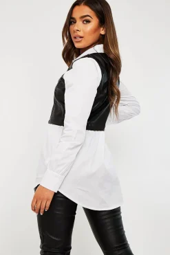 Rebellious Fashion Black Faux Leather Panel White Shirt - Leacy