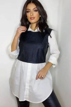 Rebellious Fashion Black Faux Leather Panel White Shirt - Leacy