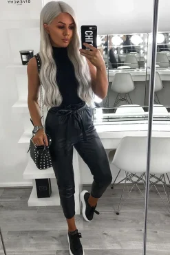 Rebellious Fashion Black Faux Leather Paper Bag Belted Tapered Trousers - Lucia