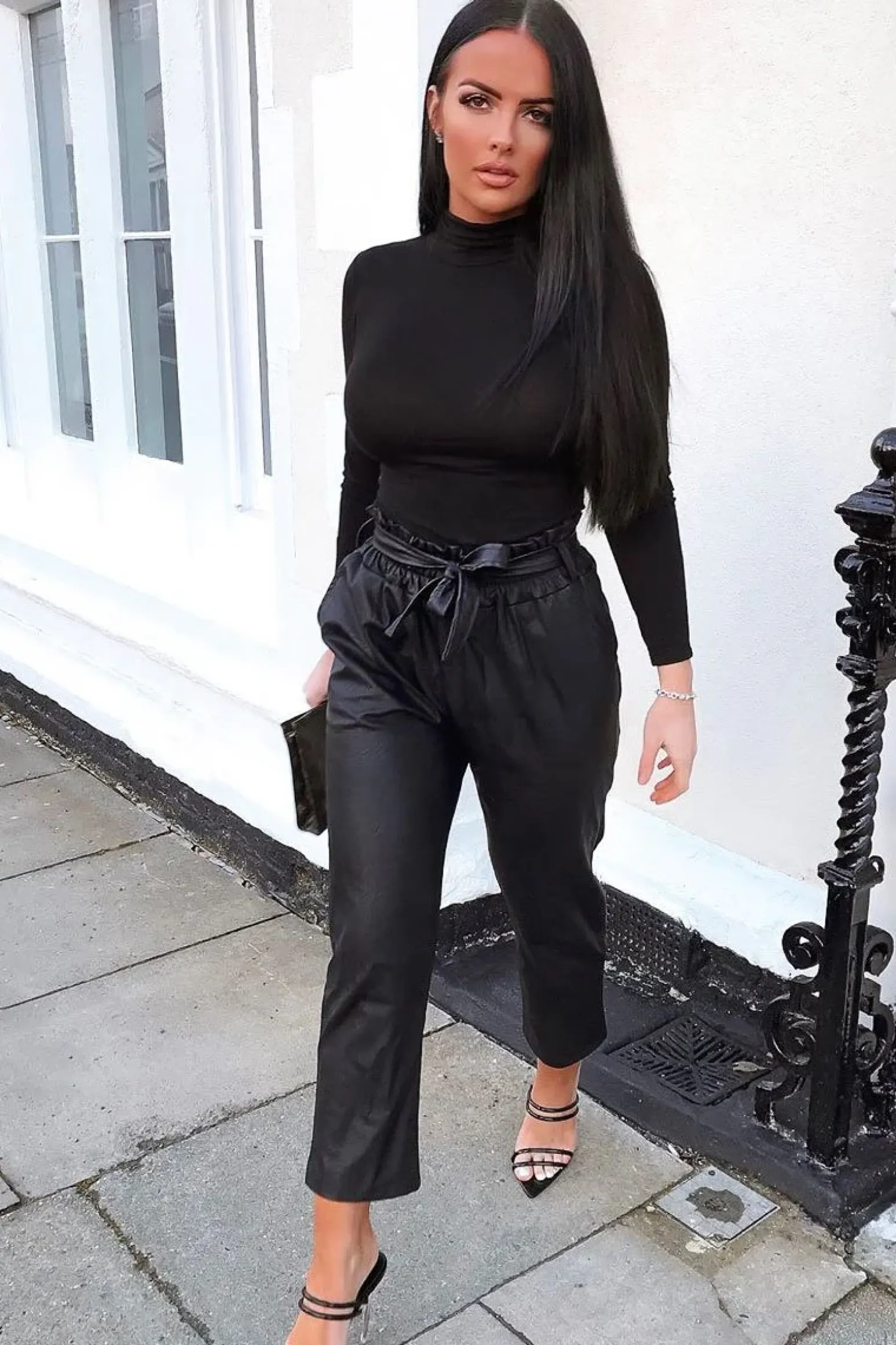Rebellious Fashion Black Faux Leather Paper Bag Belted Tapered Trousers - Lucia