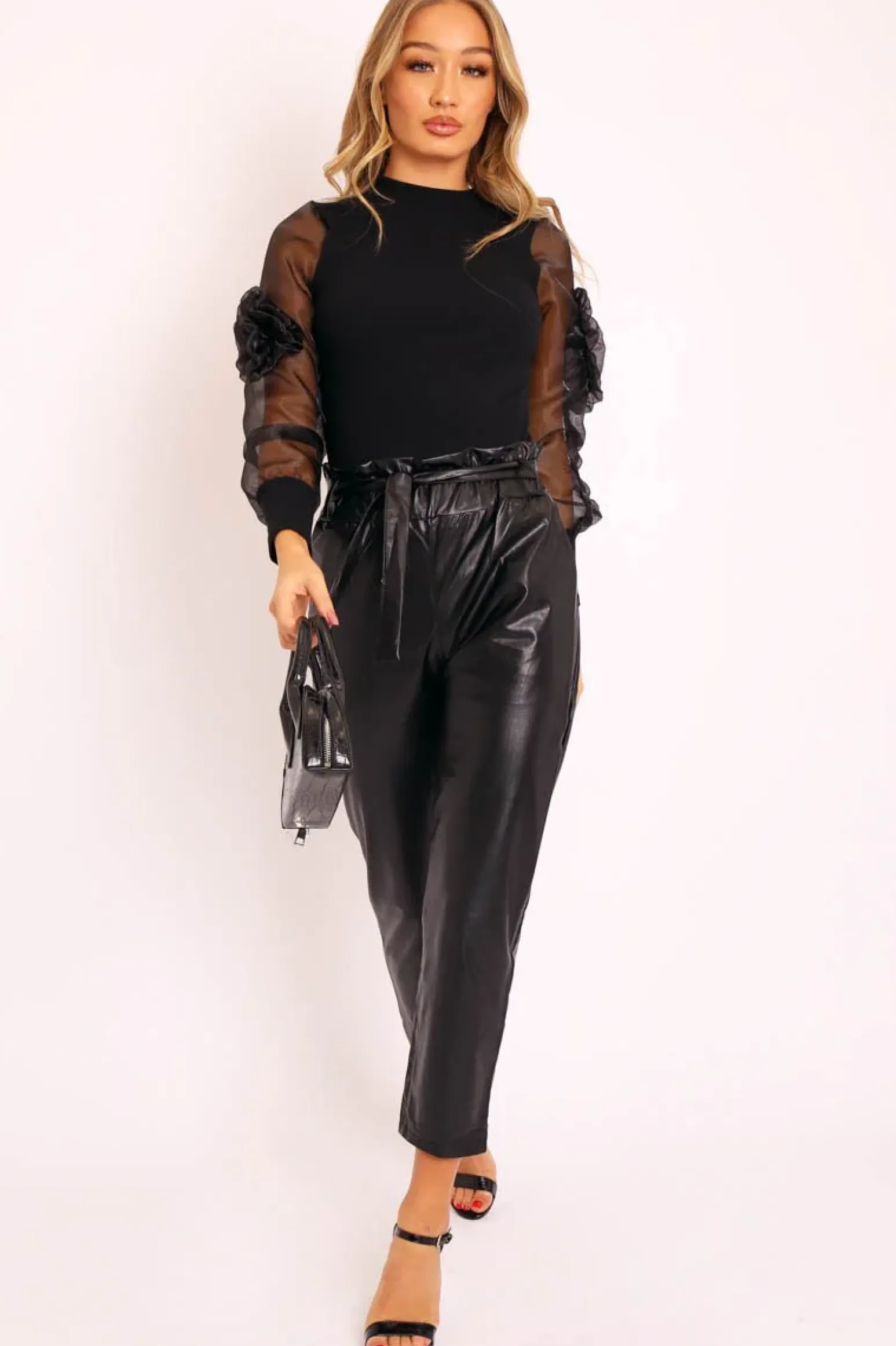 Rebellious Fashion Black Faux Leather Paper Bag Belted Tapered Trousers - Lucia