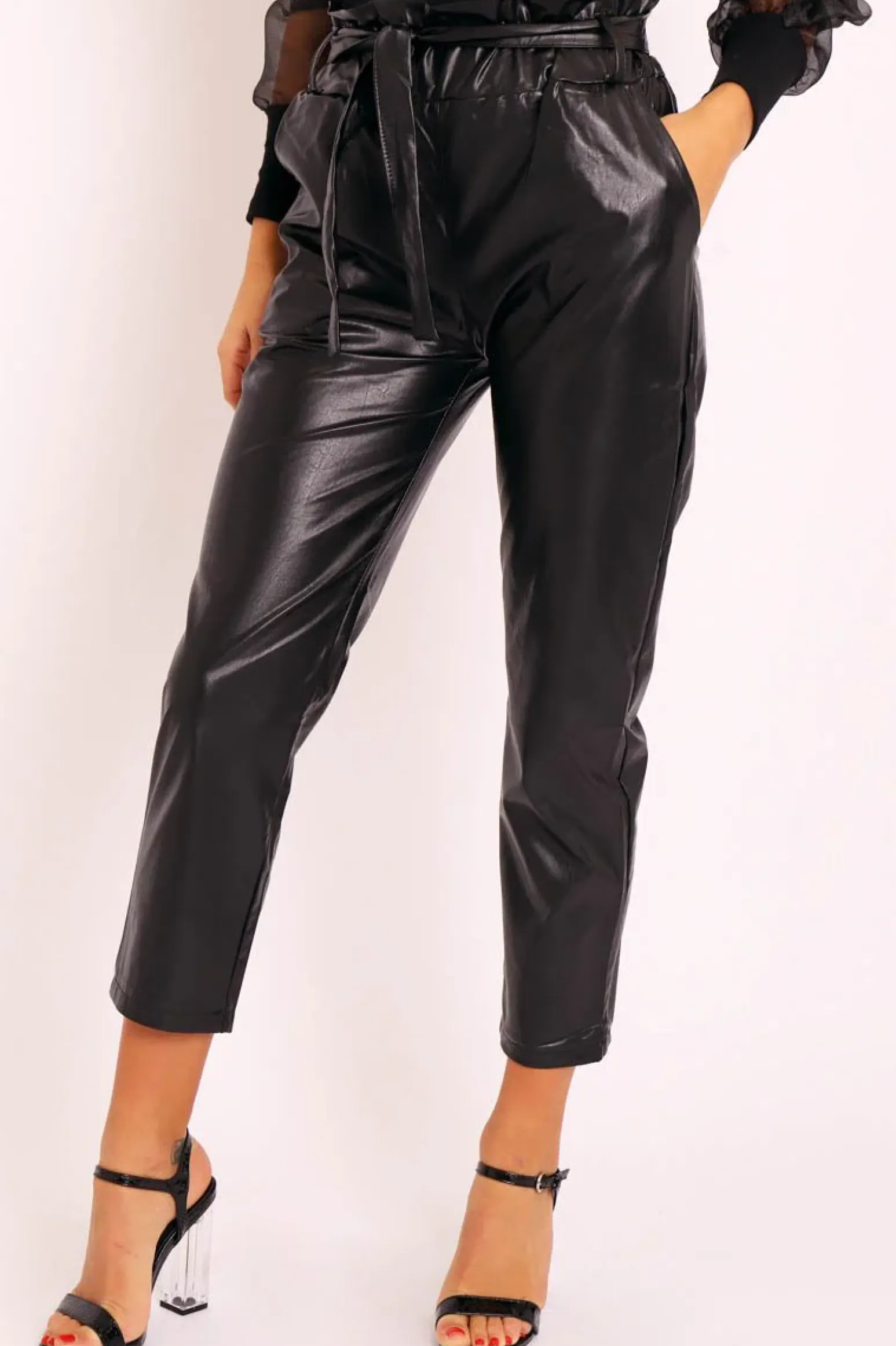 Rebellious Fashion Black Faux Leather Paper Bag Belted Tapered Trousers - Lucia