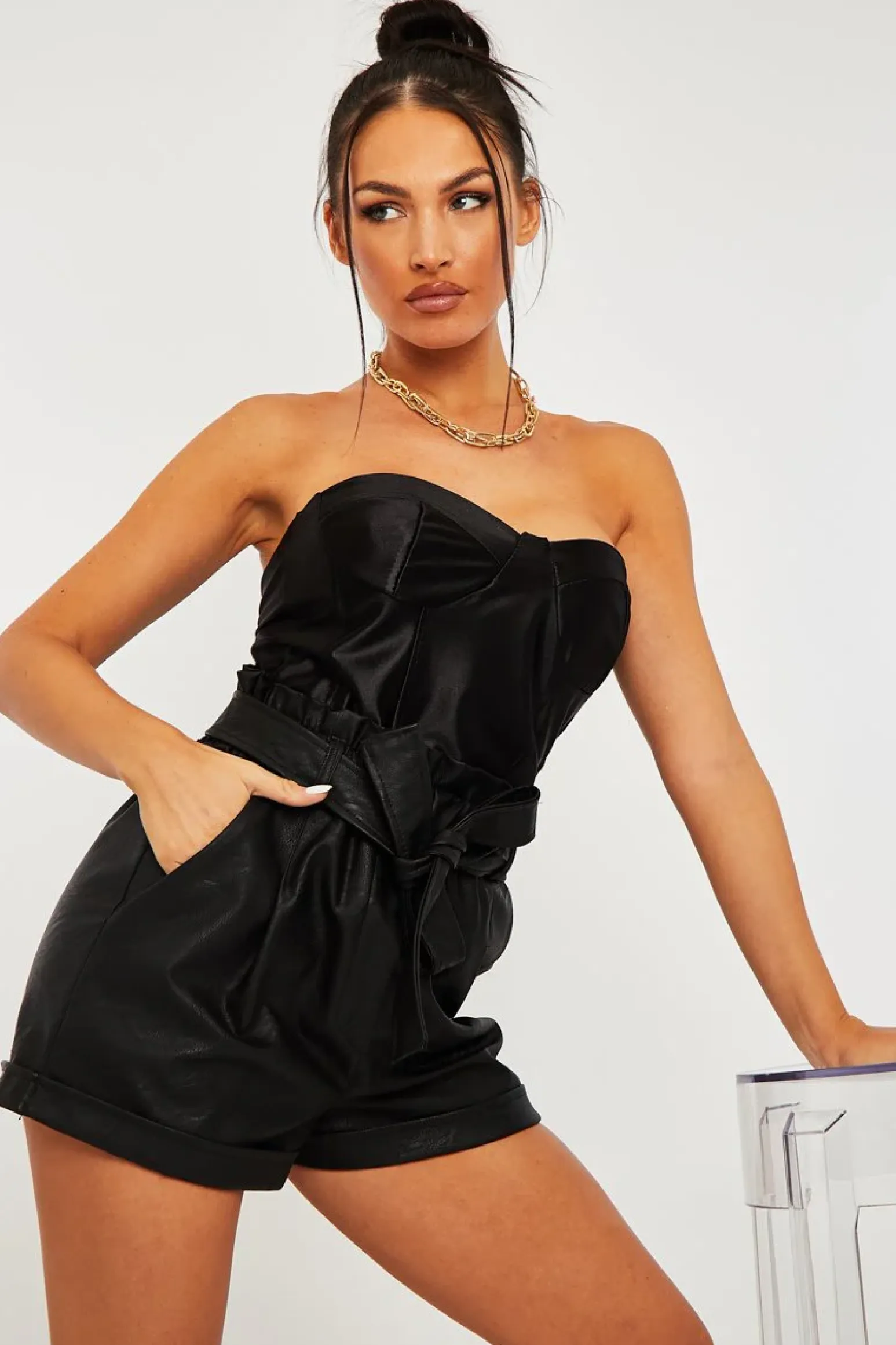 Rebellious Fashion Black Faux Leather Paper Bag Tie Waist Shorts - Laela