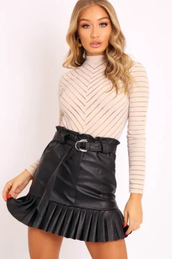 Rebellious Fashion Black Faux Leather Pleated Belted Mini Skirt - Bex