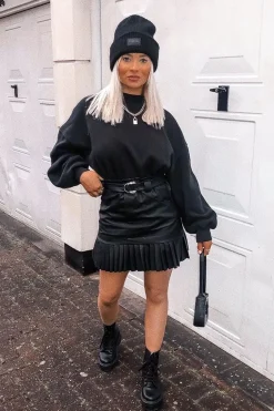 Rebellious Fashion Black Faux Leather Pleated Belted Mini Skirt - Bex