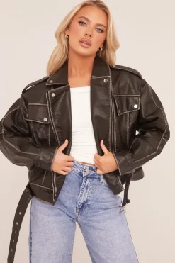 Rebellious Fashion Black Faux Leather Pocket Detail Biker Jacket - Evelyn