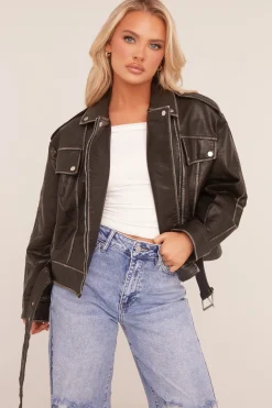 Rebellious Fashion Black Faux Leather Pocket Detail Biker Jacket - Evelyn