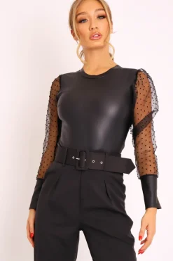 Rebellious Fashion Black Faux Leather Polka Mesh Sleeve Bodysuit - Jannelly