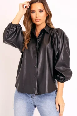 Rebellious Fashion Black Faux Leather Puff Sleeve Shirt - Candace