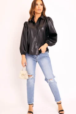 Rebellious Fashion Black Faux Leather Puff Sleeve Shirt - Candace