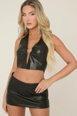 Rebellious Fashion Black Faux Leather Ring Detail Halter Top - Trinity