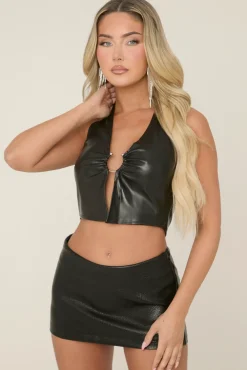 Rebellious Fashion Black Faux Leather Ring Detail Halter Top - Trinity