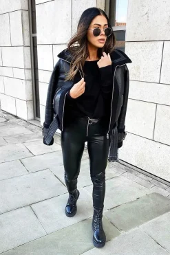 Rebellious Fashion Black Faux Leather Ring Zip Leggings - Griffin