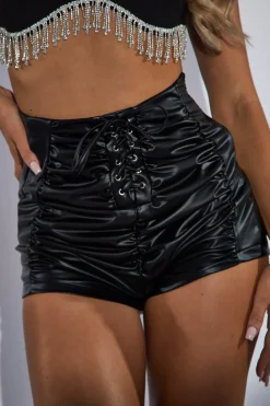 Rebellious Fashion Black Faux Leather Ruched Shorts - Meher
