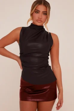 Rebellious Fashion Black Faux Leather Ruched Top - Danica