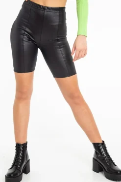Rebellious Fashion Black Faux Leather Seam Front Cycling Shorts - Katrin
