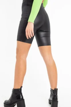 Rebellious Fashion Black Faux Leather Seam Front Cycling Shorts - Katrin