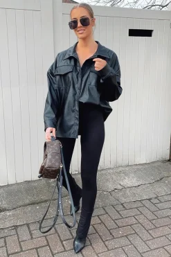 Rebellious Fashion Black Faux Leather Shacket - Leiyah